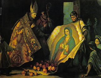 Juan Diego le muestra al obispo las rosas de la Virgen